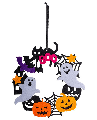 Décoration halloween noire en feutre, diam. 18 cm env., avec étiquette volante / étiquette Décoration halloween noire en feutre, diam. 18 cm env., avec étiquette volante / étiquette