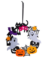 Décoration halloween noire en feutre, diam. 18 cm env., avec étiquette volante / étiquette Décoration halloween noire en feutre, diam. 18 cm env., avec étiquette volante / étiquette