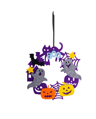 Decoración Halloween violeta de fieltro de 18 cm de diám. aprox. con etiqueta colgante/etiqueta adhesiva