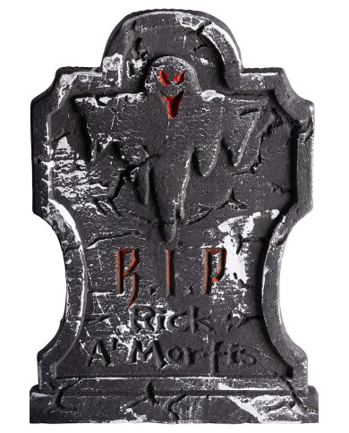 Pierre tombale en forme de croix en polystyrène, h. 43x30 cm env., avec étiquette volante / étiquette