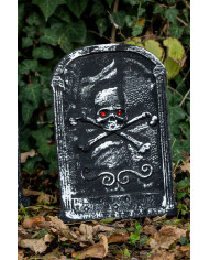 Grabstein mit Totenkopf aus Polystyrol, ca. 36 x 25 cm mit Pappschild/Etikett