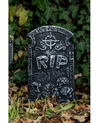 Pierre tombale R.I.P. en polystyrène, h. 36x25 cm env., avec étiquette volante / étiquette