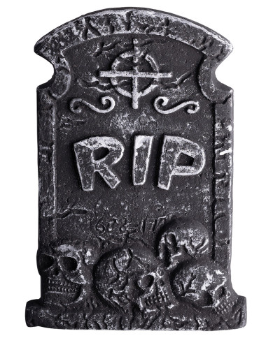 Pierre tombale R.I.P. en polystyrène, h. 36x25 cm env., avec étiquette volante / étiquette