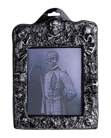 Tableau 3D horreur squelette, h. 21x30 cm env., avec étiquette volante / étiquette