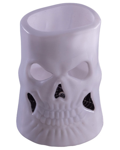 Vela calavera blanca de plástico de 7,5 cm de alto aprox. con luces (pilas incluidas) en expositor