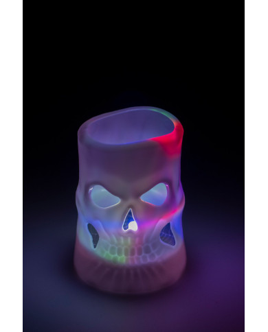 Vela calavera blanca de plástico de 7,5 cm de alto aprox. con luces (pilas incluidas) en expositor