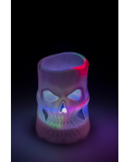 Vela calavera blanca de plástico de 7,5 cm de alto aprox. con luces (pilas incluidas) en expositor