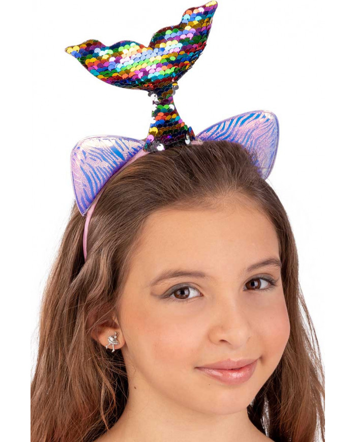 Pink headband with multicolor mermaid tail with reversible