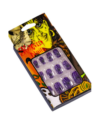 Faux ongles violets autocollants avec toiles d’araignée, dans une boîte