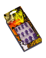 Uñas violeta con telas de araña adhesivas en caja