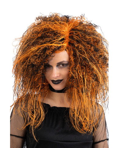 Perruque cheveux bouclés noire et orange, dans un étui Perruque cheveux bouclés noire et orange, dans un étui