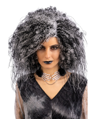Perruque cheveux bouclés noire et blanche, dans un étui Perruque cheveux bouclés noire et blanche, dans un étui