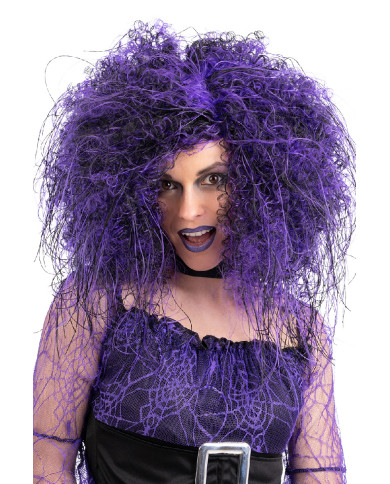 Perruque cheveux bouclés noire et violette, dans un étui