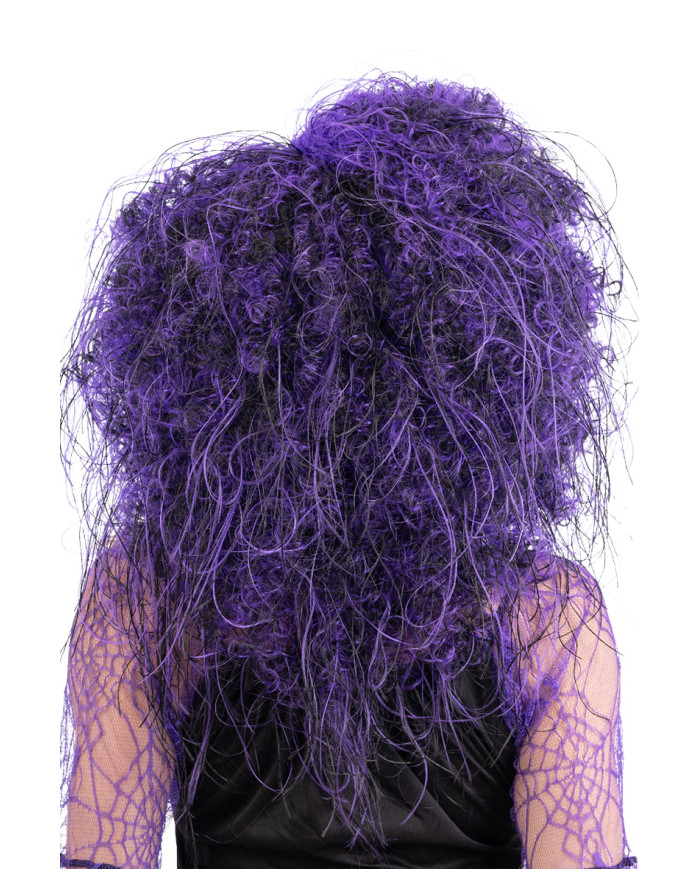 Perruque cheveux bouclés noire et violette, dans un étui