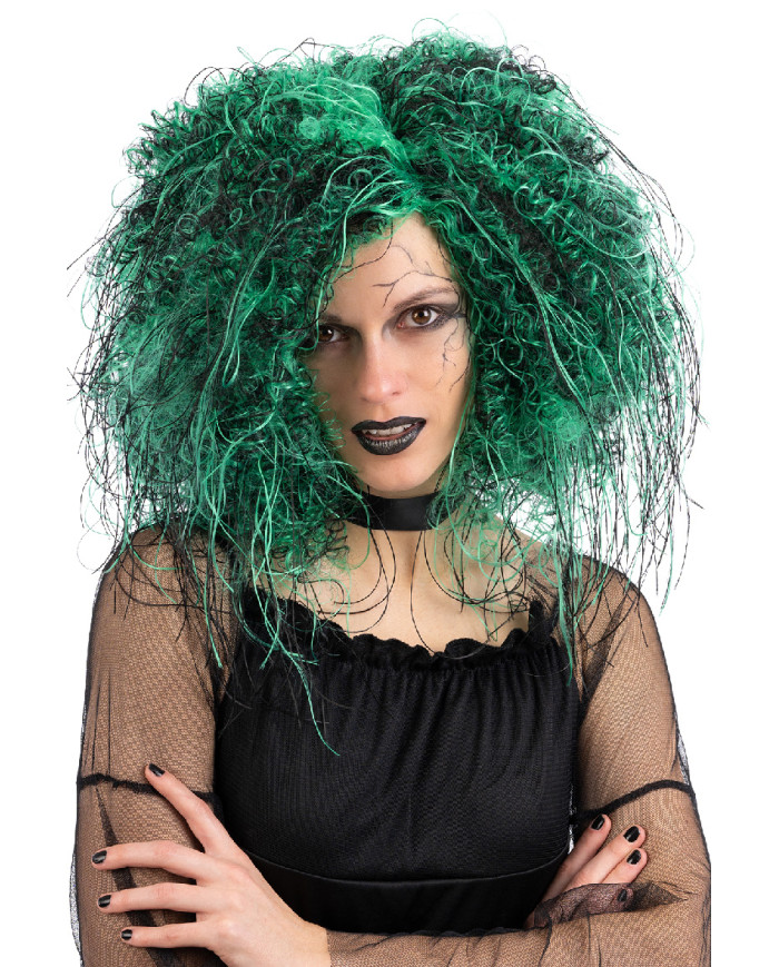 Parrucca ricciolona nera e verde in valigetta