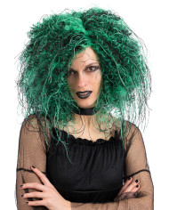 Perruque cheveux bouclés noire et verte, dans un étui