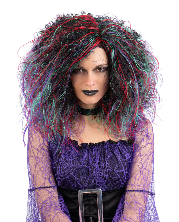 Perruque cheveux bouclés multi-couleurs vert, dans un étui Perruque cheveux bouclés multi-couleurs vert, dans un étui