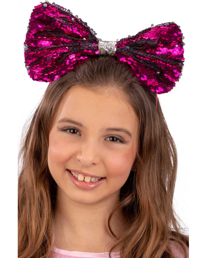 Fuchsia bow headband with reversible sequins to make it also