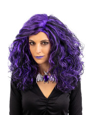 Peluca pelo ondulado negro y violeta en estuche