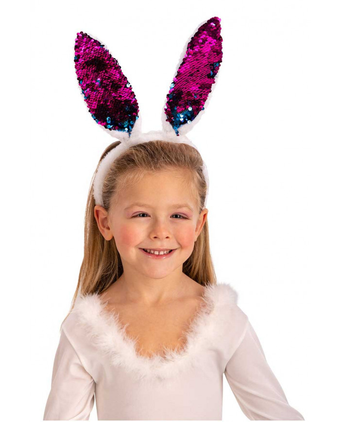 Headband with pink bunny ears with reversible sequins to make