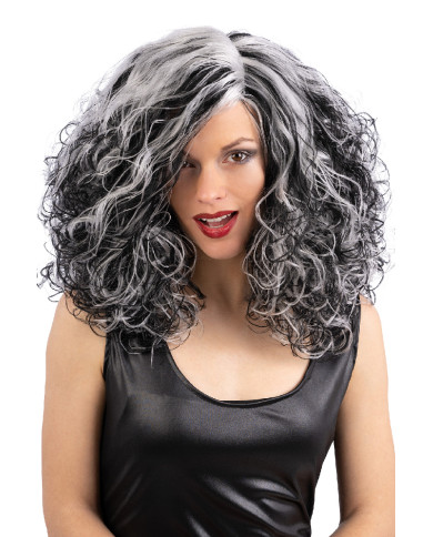 Peluca pelo ondulado negro y blanco en estuche Peluca pelo ondulado negro y blanco en estuche