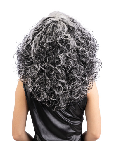 Perruque cheveux frisés noire et blanche, dans un étui
