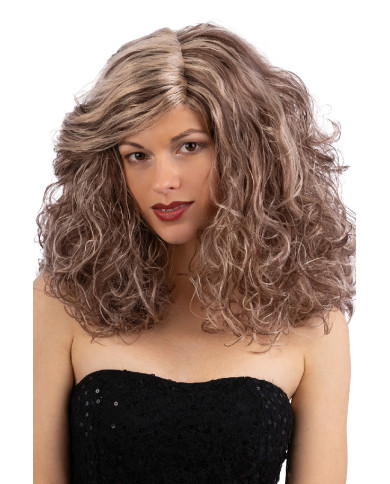 Perruque cheveux ondulés bruns et blonds, dans un étui