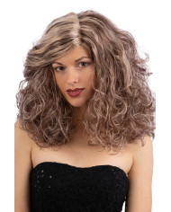 Perruque cheveux ondulés bruns et blonds, dans un étui