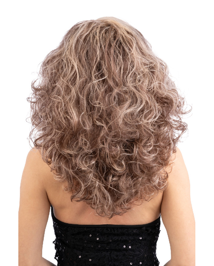 Perruque cheveux ondulés bruns et blonds, dans un étui