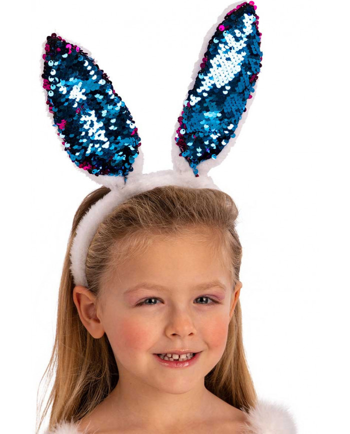 Headband with pink bunny ears with reversible sequins to make