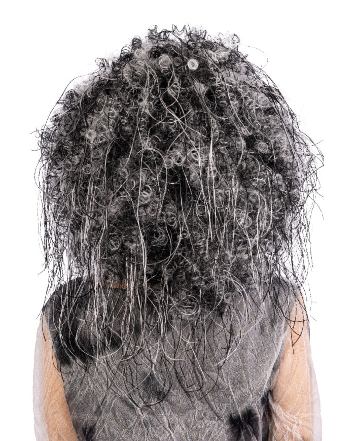 Perruque cheveux bouclés noire et blanche, dans un étui Perruque cheveux bouclés noire et blanche, dans un étui