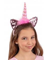 Pink unicorn headband with two ears decorated with reversible