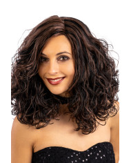 Perruque cheveux ondulés bruns et noirs, dans un étui