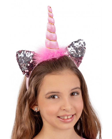 Pink unicorn headband with two ears decorated with reversible Pink unicorn headband with two ears decorated with reversible