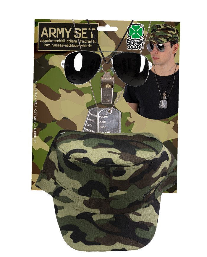 Military set (hat, glasses, necklace, whistle) on card