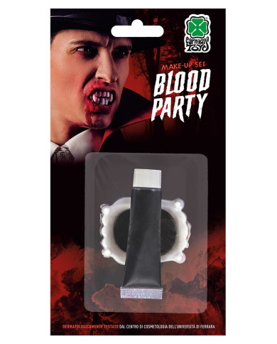 Sangre falsa en tubo con dentadura postiza vampiro 14 ml aprox. en blíster