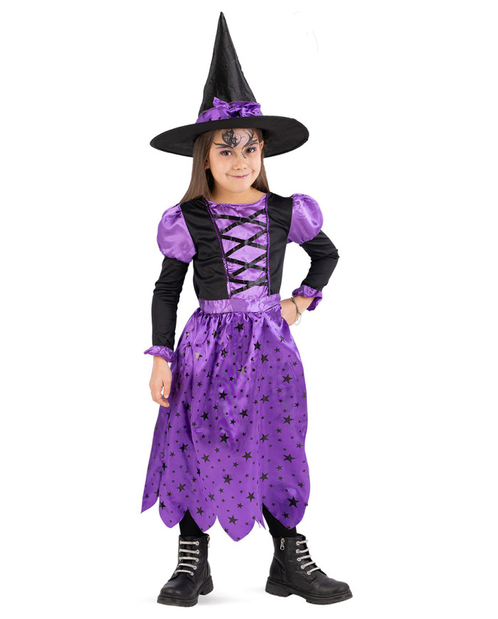 Costume strega viola con cappello in busta con gancio