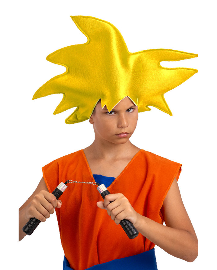 Ensemble déguisement manga couvre-chef jaune avec nunchaku dans un sachet avec crochet