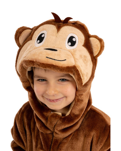 Déguisement combinaison singe enfant en peluche avec capuche dans un sachet avec crochet