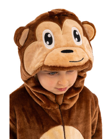 Déguisement combinaison singe enfant en peluche avec capuche dans un sachet avec crochet