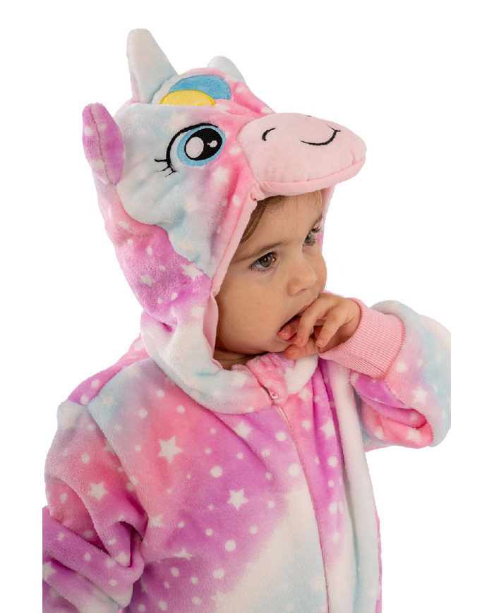 Einhorn-Kinderoverall aus Kunstfell mit Kapuze in Beutel mit Haken Einhorn-Kinderoverall aus Kunstfell mit Kapuze in Beutel mit Haken