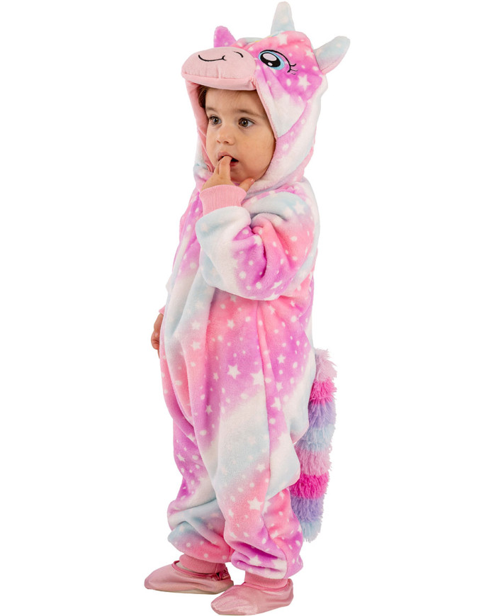 Einhorn-Kinderoverall aus Kunstfell mit Kapuze in Beutel mit Haken Einhorn-Kinderoverall aus Kunstfell mit Kapuze in Beutel mit Haken