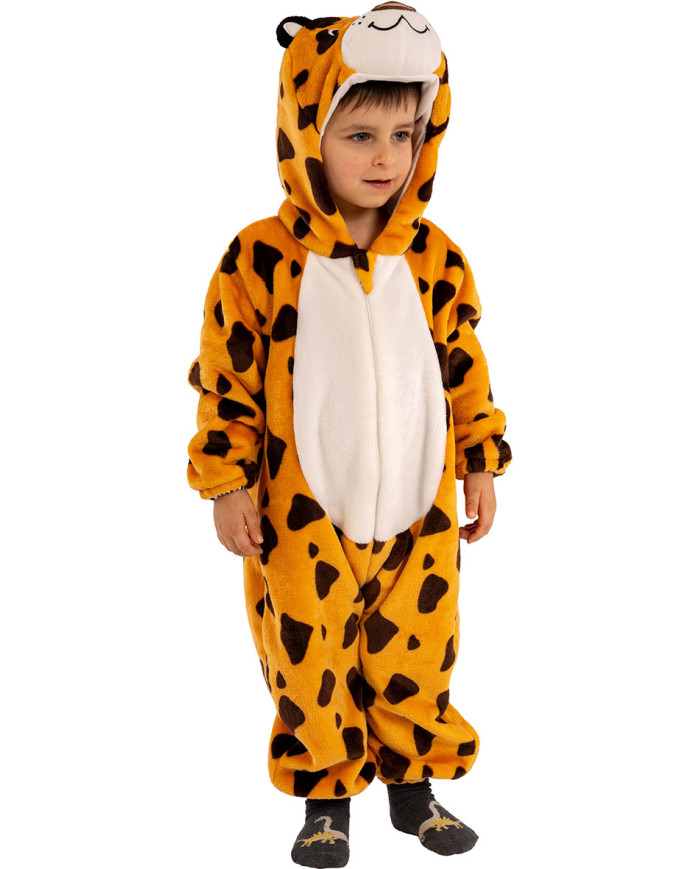 Leopard-Kinderoverall aus Kunstfell mit Kapuze in Beutel mit Haken Leopard-Kinderoverall aus Kunstfell mit Kapuze in Beutel mit Haken