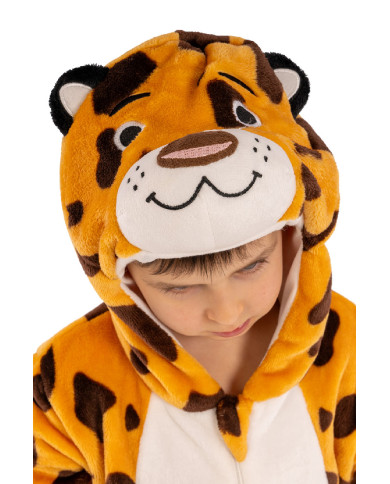 Déguisement combinaison léopard enfant en peluche avec capuche dans un sachet avec crochet Déguisement combinaison léopard enfant en peluche avec capuche dans un sachet avec crochet