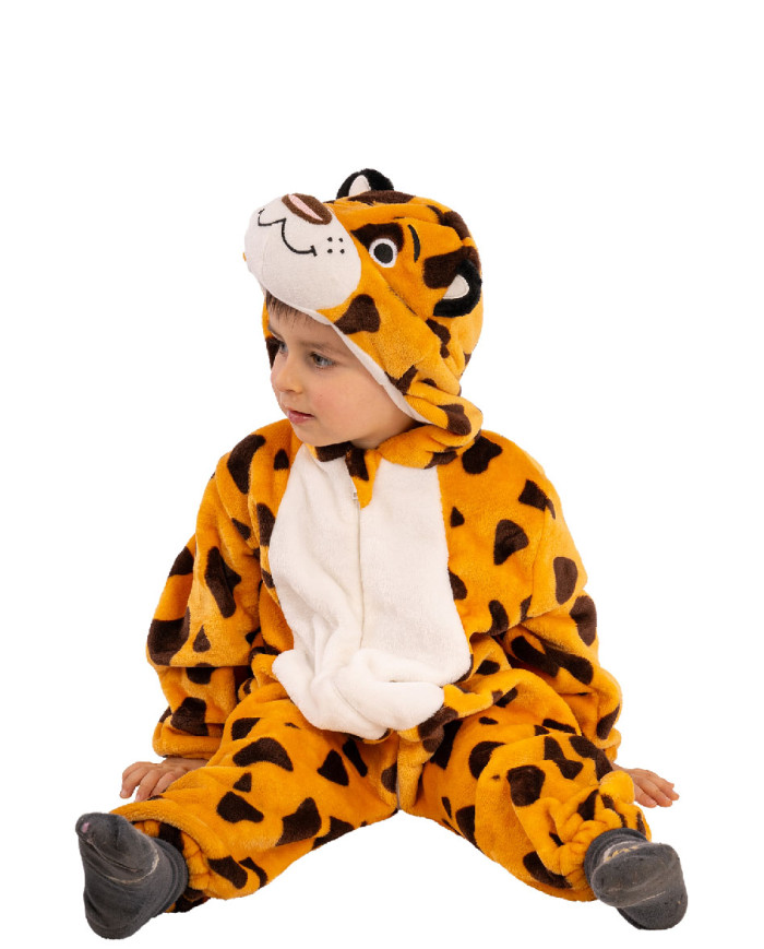Leopard-Kinderoverall aus Kunstfell mit Kapuze in Beutel mit Haken Leopard-Kinderoverall aus Kunstfell mit Kapuze in Beutel mit Haken