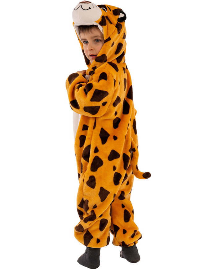 Leopard-Kinderoverall aus Kunstfell mit Kapuze in Beutel mit Haken Leopard-Kinderoverall aus Kunstfell mit Kapuze in Beutel mit Haken
