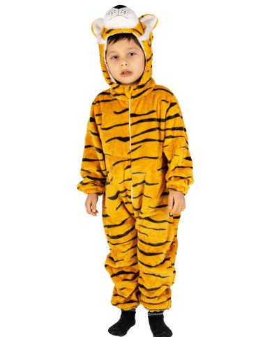 Déguisement combinaison tigre enfant en peluche avec capuche dans un sachet avec crochet