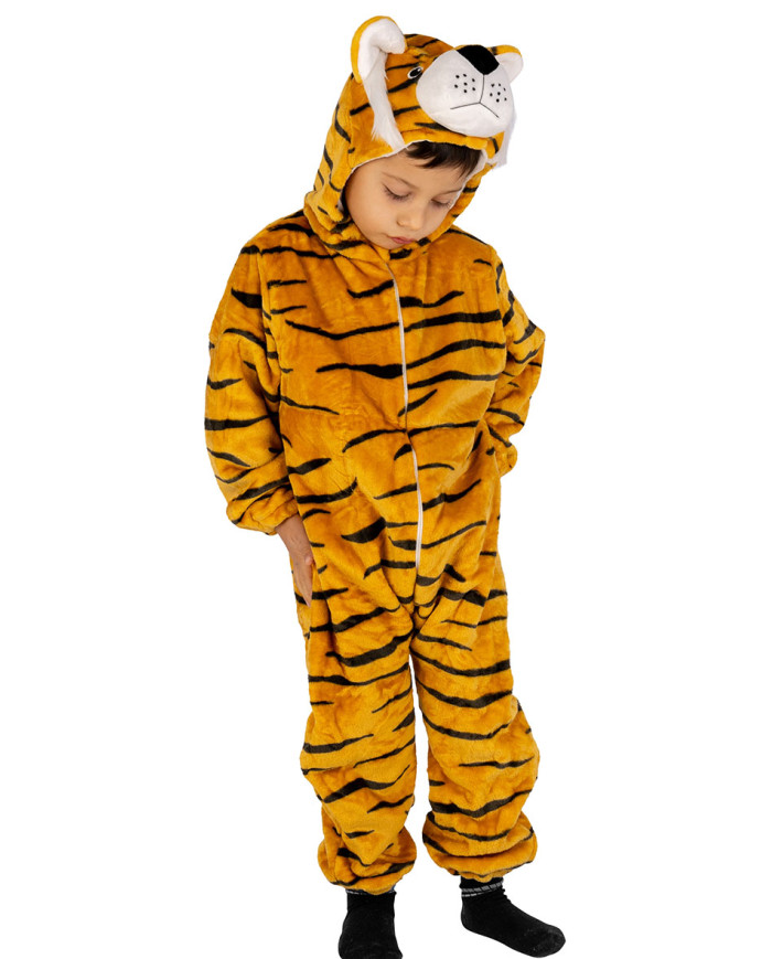 Déguisement combinaison tigre enfant en peluche avec capuche dans un sachet avec crochet Déguisement combinaison tigre enfant en peluche avec capuche dans un sachet avec crochet