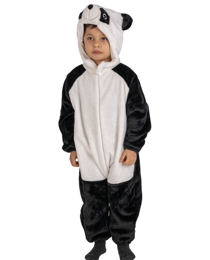 Panda-Kinderoverall aus Kunstfell mit Kapuze in Beutel mit Haken Panda-Kinderoverall aus Kunstfell mit Kapuze in Beutel mit Haken
