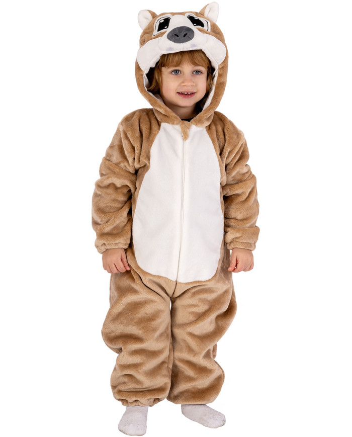 Squirrel fleece jumpsuit with hood in bag w/hook